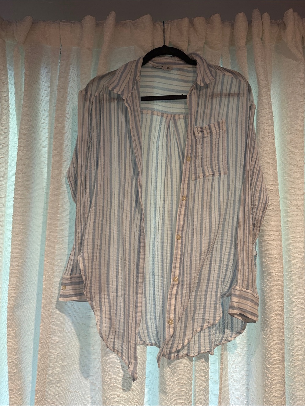 Hollister Light Blue and White Striped Gauze Button-Up - XS/S